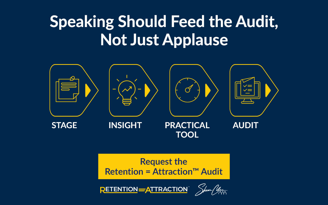 Speaking follow-up path showing how a leadership talk moves from insight to practical tool to Retention = Attraction Audit.