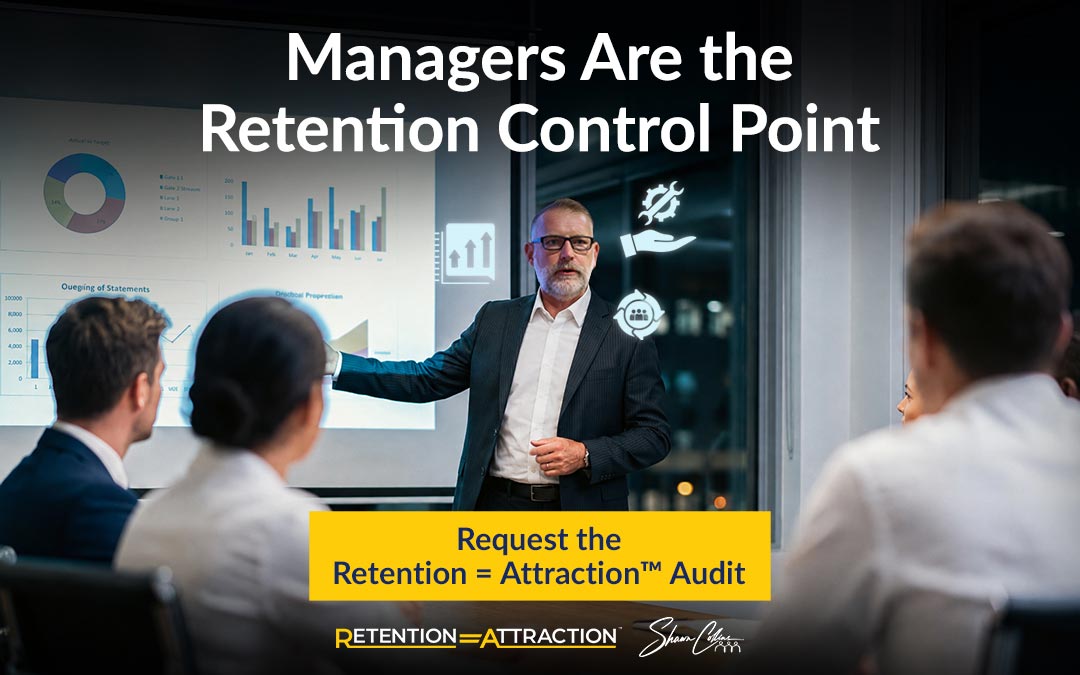 Manager at the center of a team, representing the manager's role in employee retention.